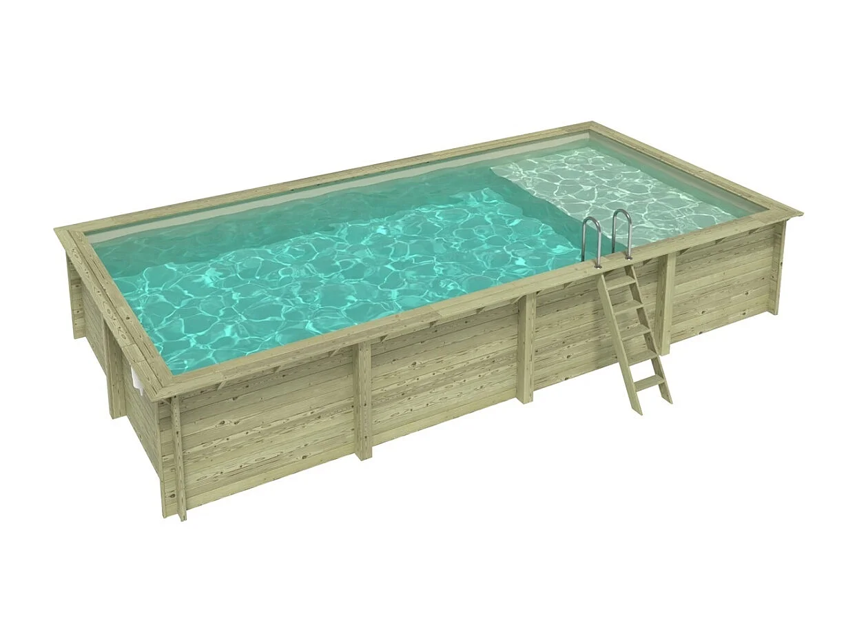 Piscine en bois AQUA 8.5 x 4.35 - H.1.45 m avec plage, sable, fixations à sceller - BAS7309OSPI3+PLA309 - ALTANKA