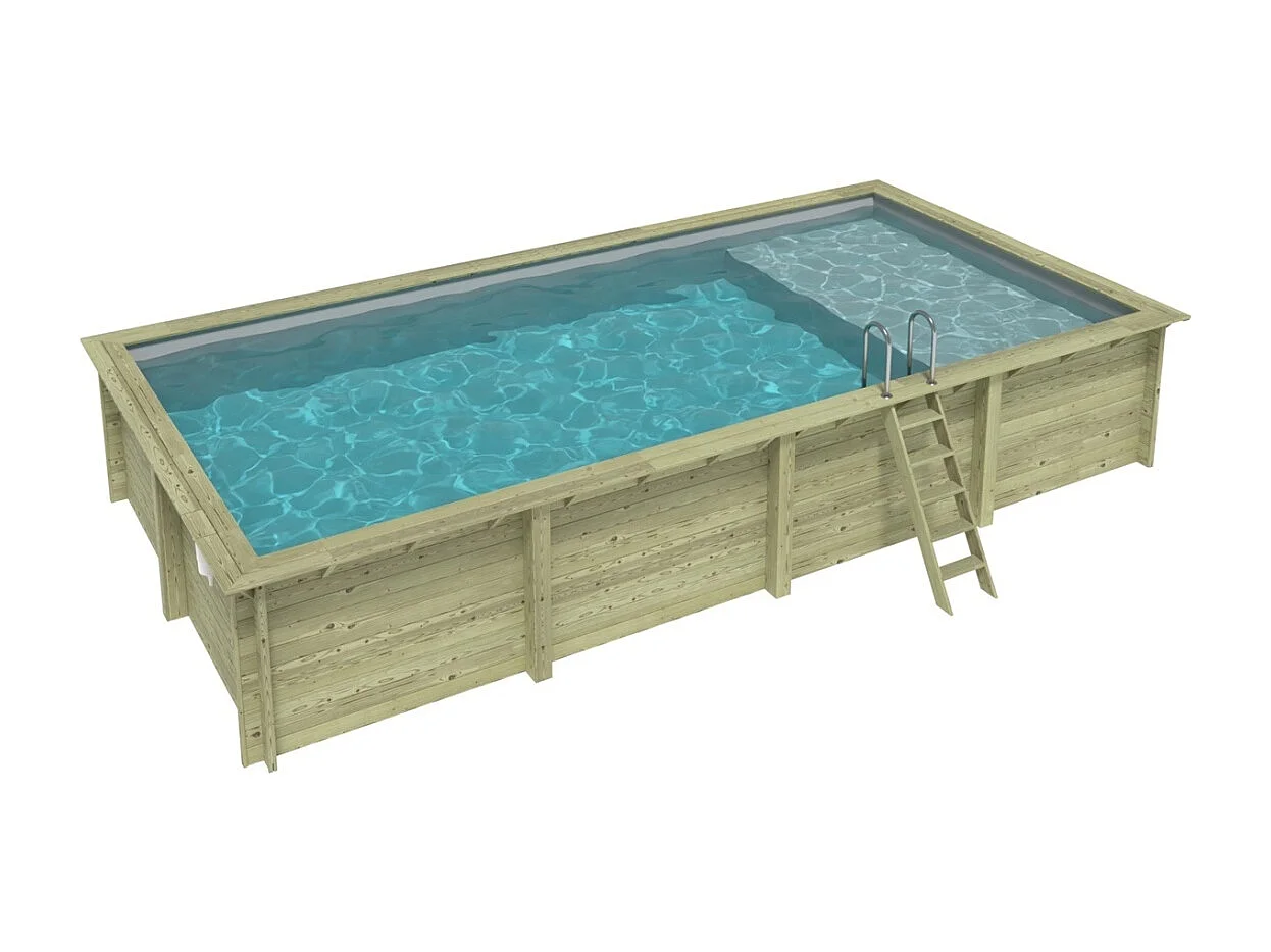 Piscine en bois AQUA 8.5 x 4.35 - H.1.45 m avec plage, gris clair, cadre en métal - sans dalle - BAS7309OSPU2+PLA309 - ALTANKA