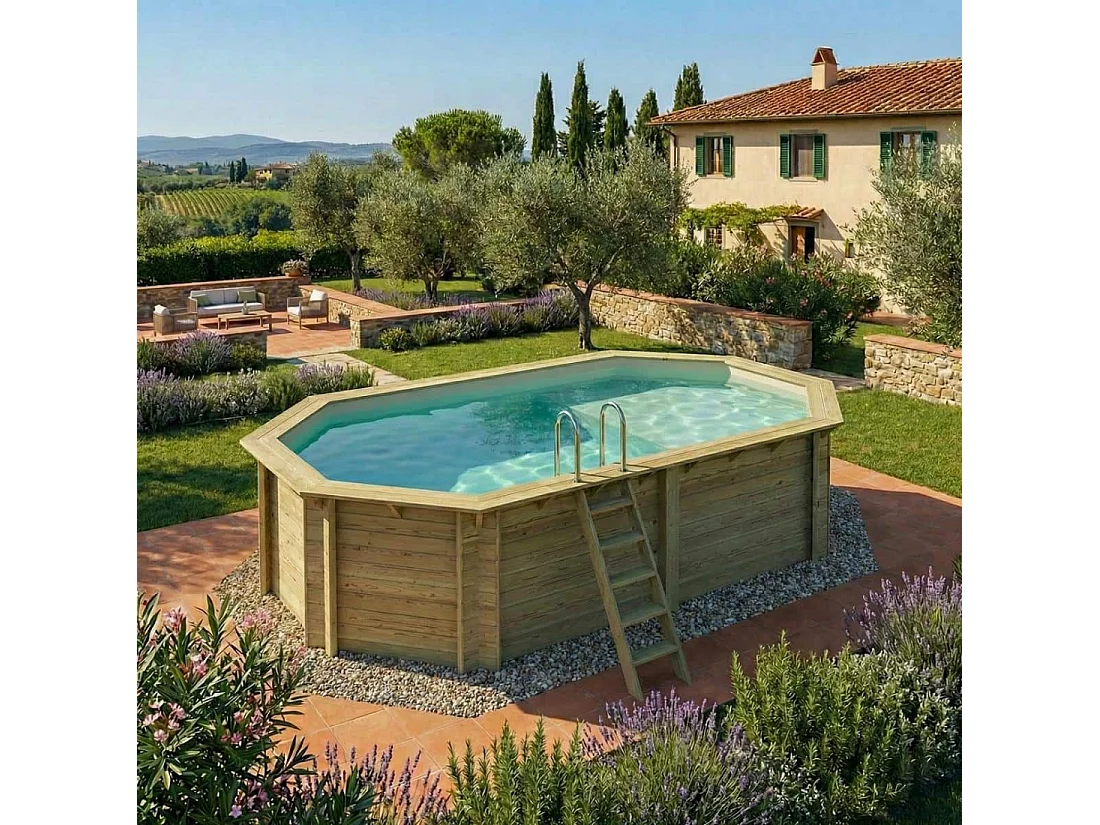 Piscine en bois NEMO 5.79 x 3.49 - H.1.45 m avec plage, sable, fixations à sceller - BAS7304OSPI3+PLA304 - ALTANKA