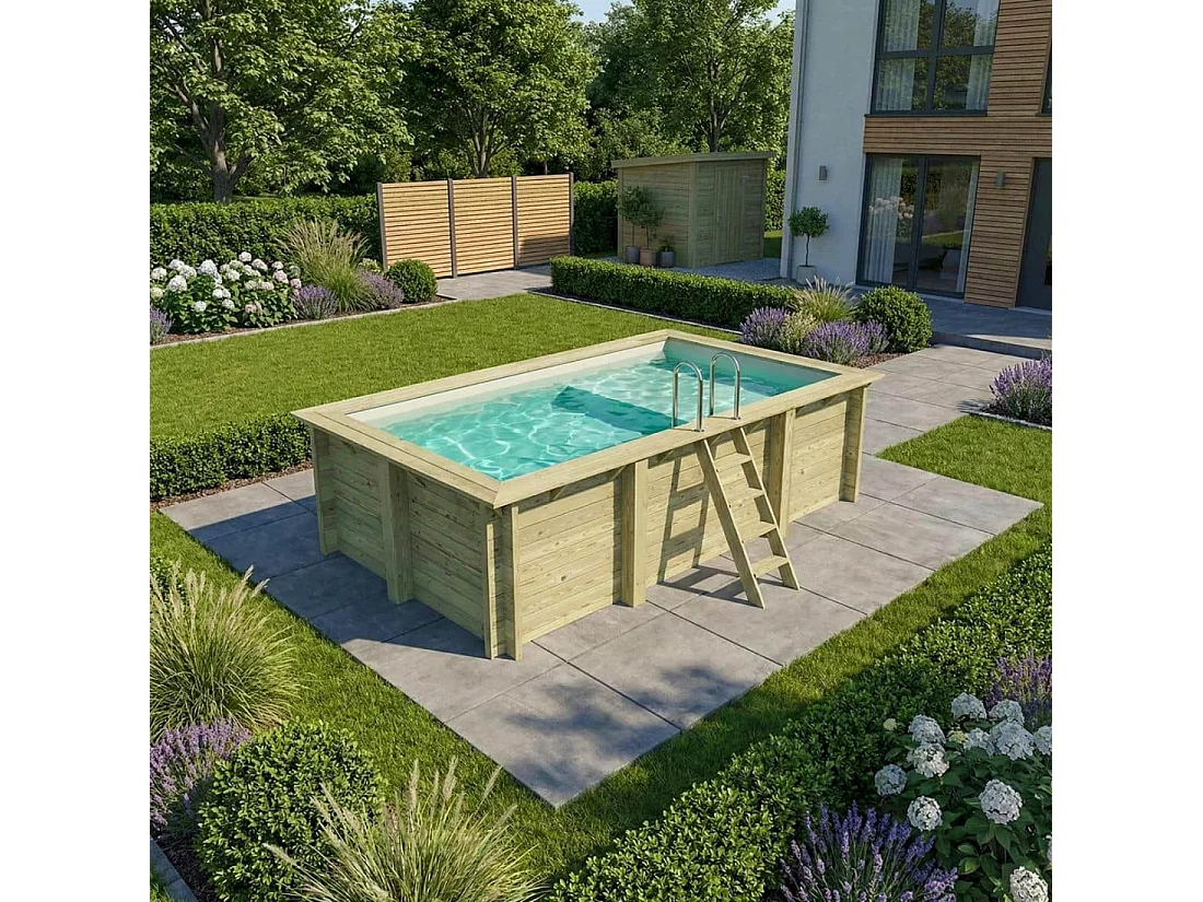 Piscina in legno AQUA 4.65 x 2.85 – H.1.24 m con spiaggia, sabbia, con supporti da cementare - BAS7306OSPI3+PLA306 - ALTANKA