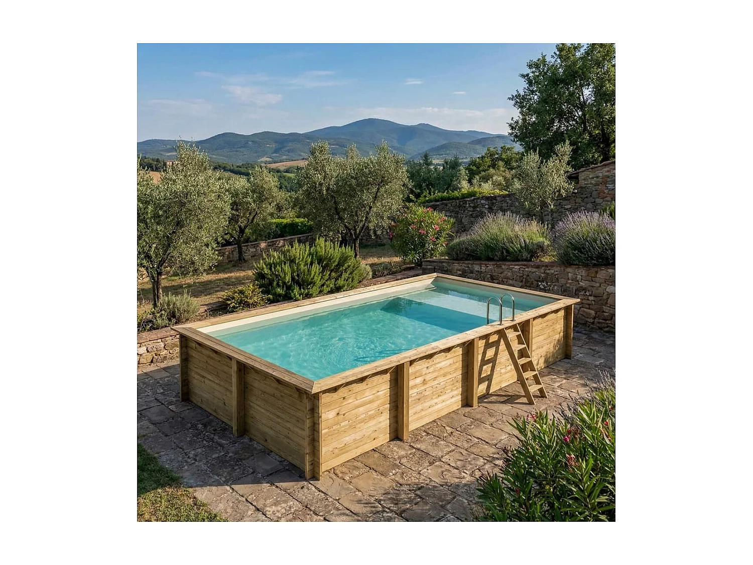 Piscine en bois AQUA 8.5 x 4.35 - H.1.45 m avec plage, sable, cadre en métal - sans dalle - BAS7309OSPU3+PLA309 - ALTANKA