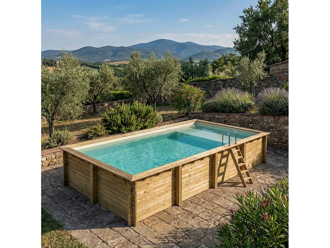 Piscine en bois AQUA 8.5 x 4.35 - H.1.45 m avec plage, sable, cadre en métal - sans dalle - BAS7309OSPU3+PLA309 - ALTANKA