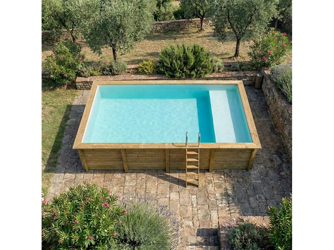 Piscine en bois AQUA 8.5 x 4.35 - H.1.45 m avec plage, sable, cadre en métal - sans dalle - BAS7309OSPU3+PLA309 - ALTANKA