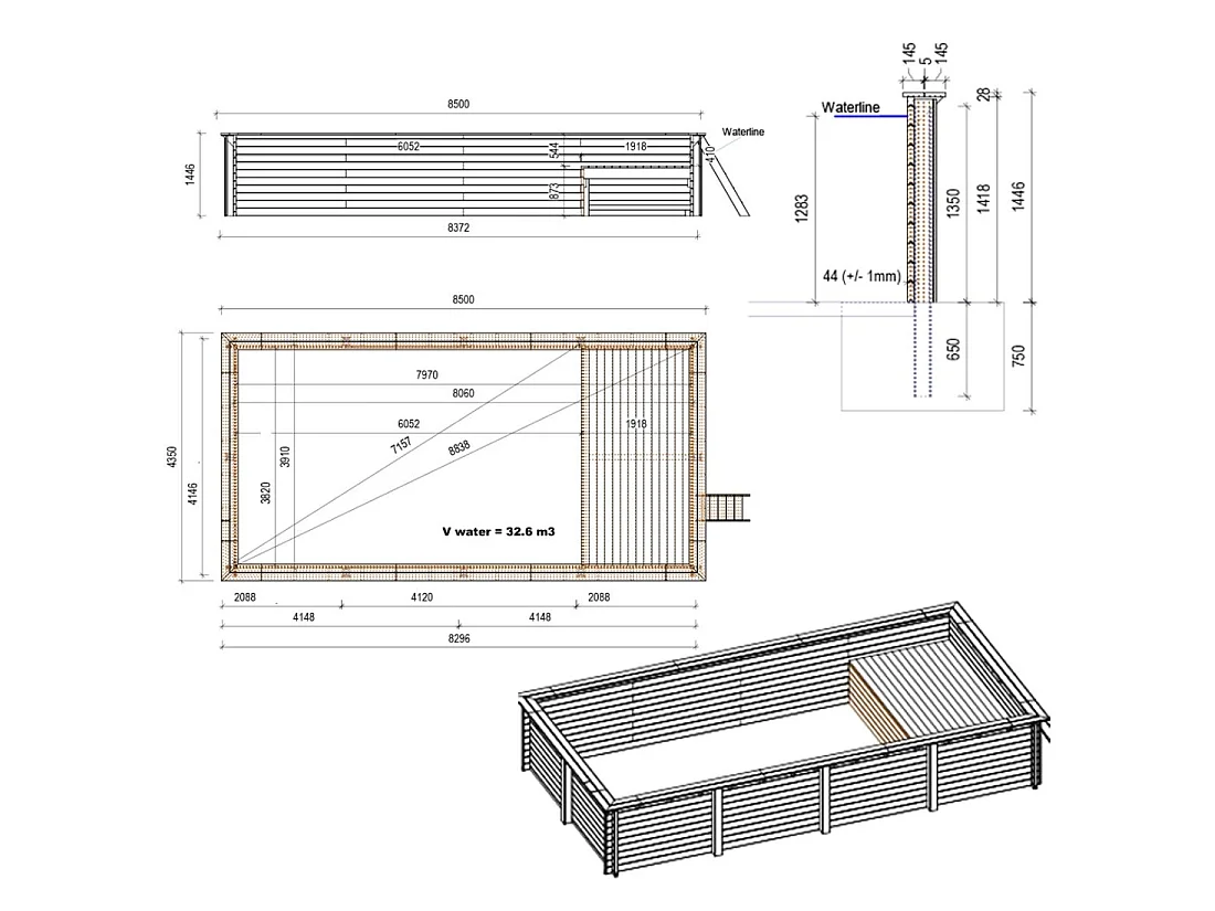 Piscine en bois AQUA 8.5 x 4.35 - H.1.45 m avec plage, sable, cadre en métal - sans dalle - BAS7309OSPU3+PLA309 - ALTANKA