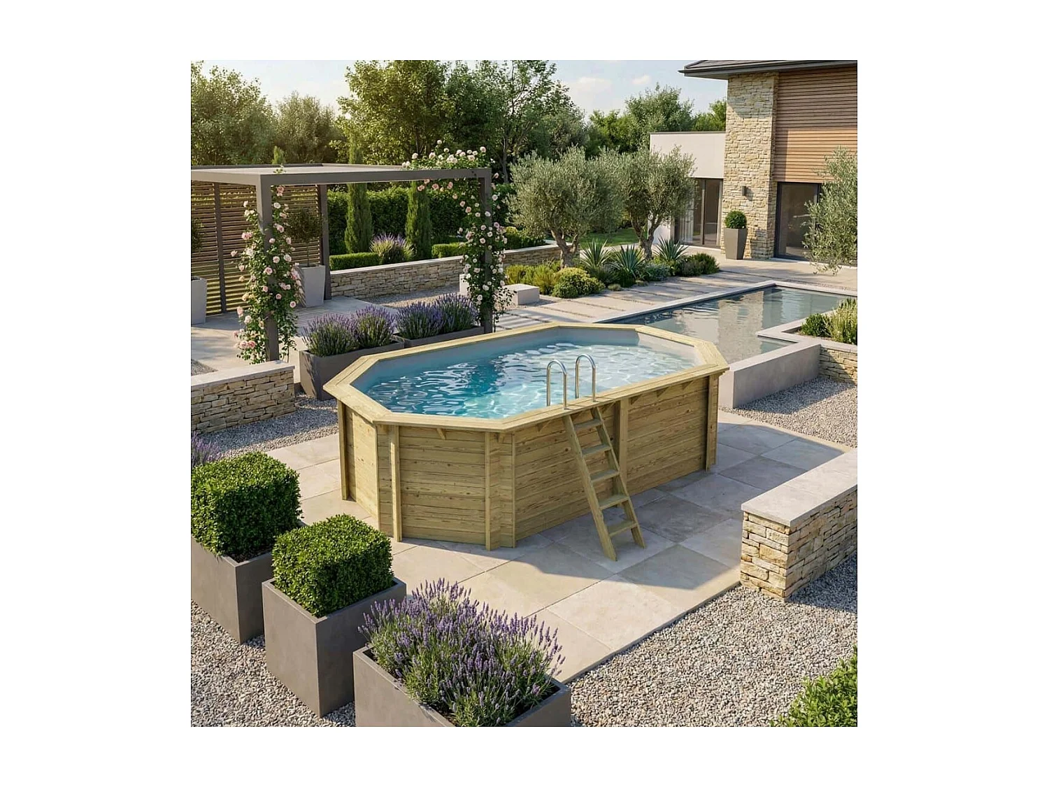 Piscine en bois NEMO 5.79 x 3.49 - H.1.45 m avec plage, gris clair, fixations à sceller - BAS7304OSPI2+PLA304 - ALTANKA