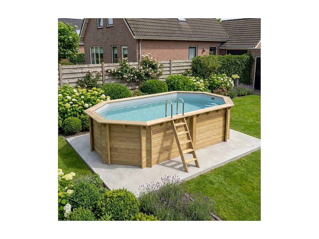 Piscine en bois NEMO 5.79 x 3.49 - H.1.45 m, gris clair, fixations à sceller - BAS7304OSPI2 - ALTANKA