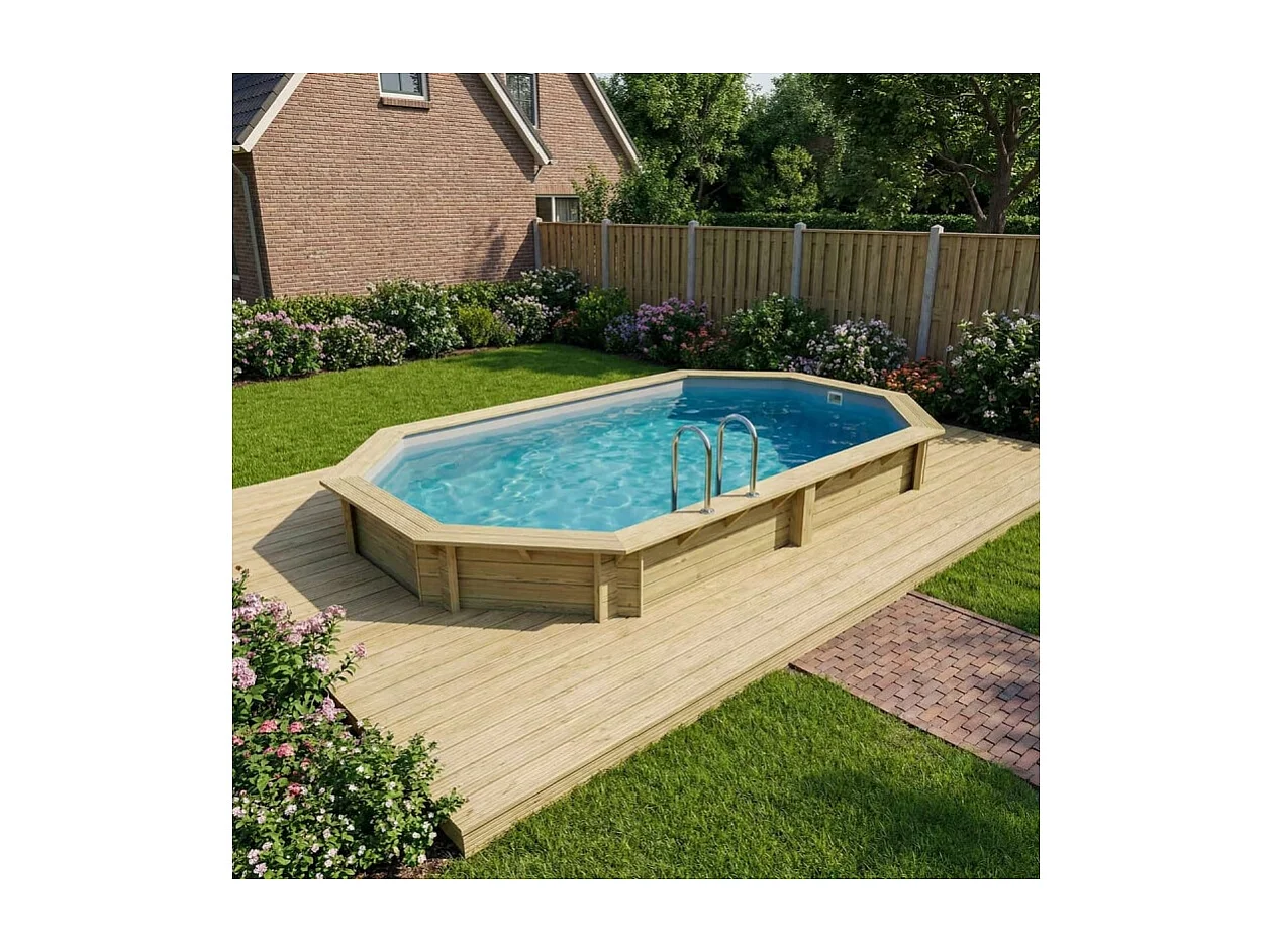 Piscine en bois NEMO 5.79 x 3.49 - H.1.45 m, gris clair, fixations à sceller - BAS7304OSPI2 - ALTANKA