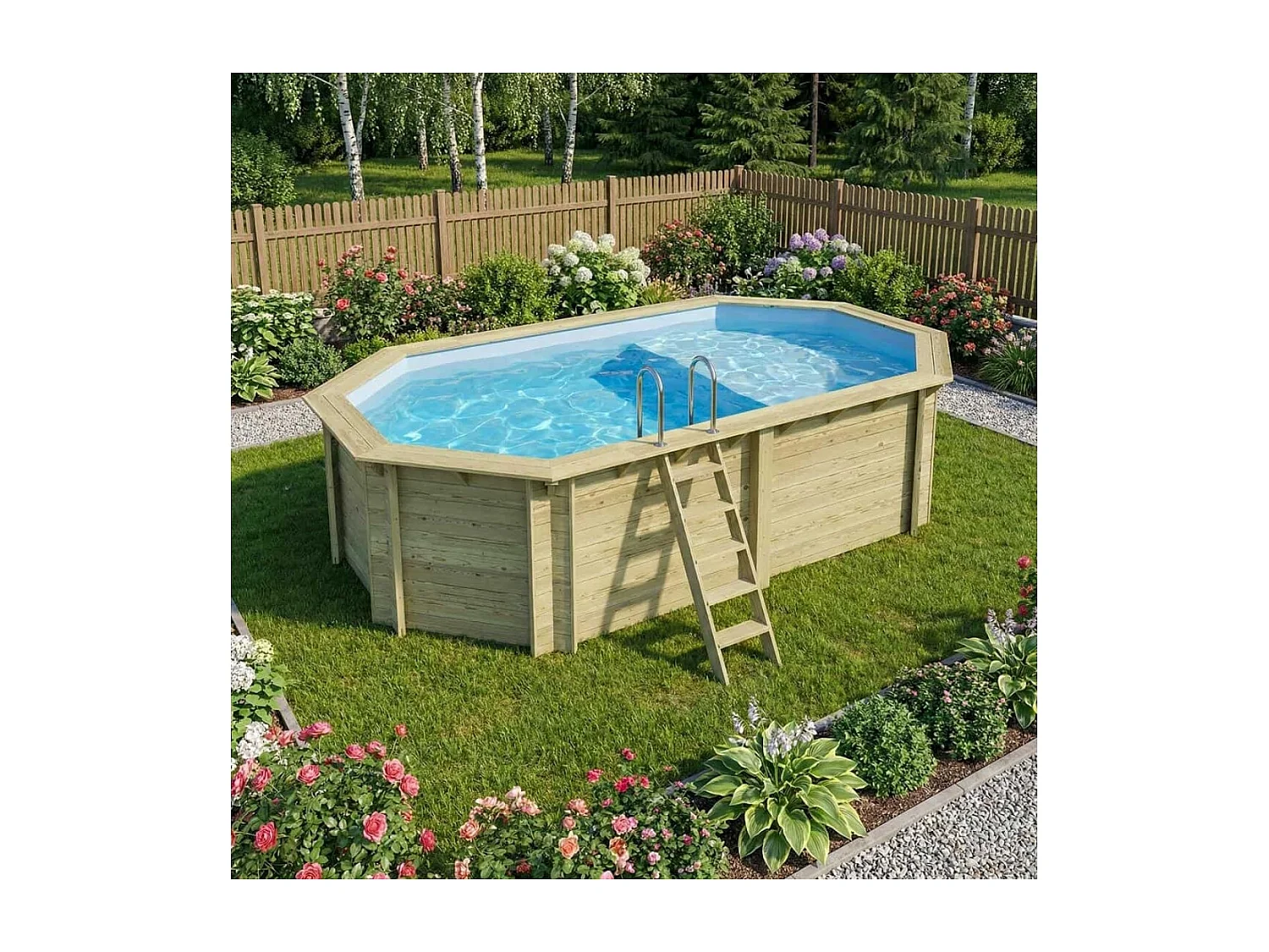 Piscine en bois NEMO 5.79 x 3.49 - H.1.45 m avec plage, bleu pâle, fixations à visser - BAS7304OSPL+PLA304 - ALTANKA