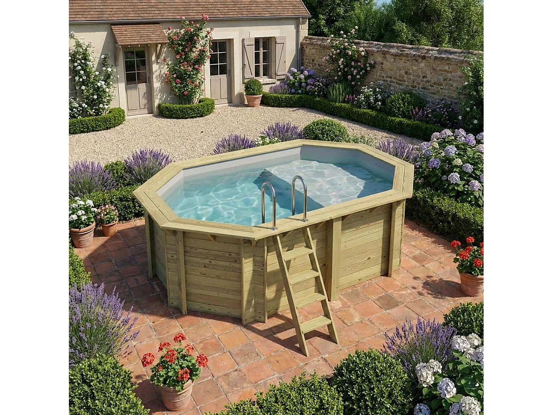 Piscine en bois NEMO 4.3 x 3 - H.1.31 m avec plage, gris clair, fixations à visser - BAS7303OSPL2+PLA303 - ALTANKA