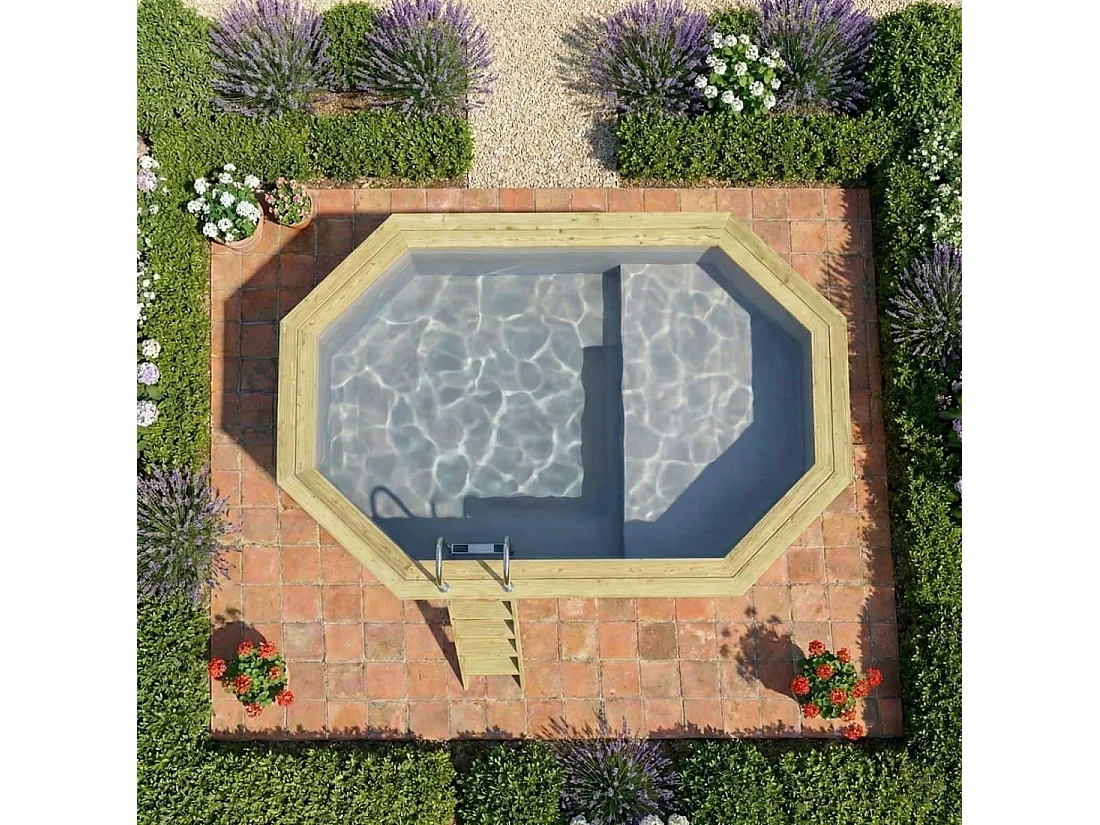 Piscine en bois NEMO 4.3 x 3 - H.1.31 m avec plage, gris clair, fixations à visser - BAS7303OSPL2+PLA303 - ALTANKA