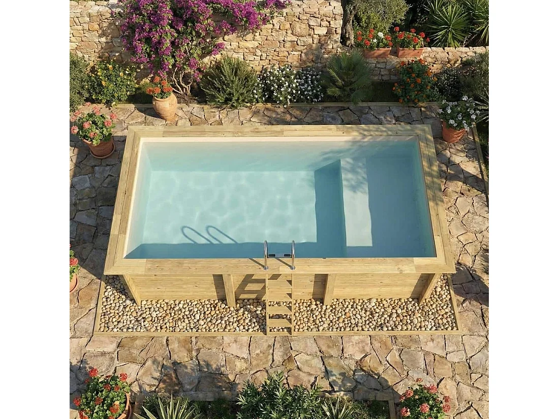 Piscina in legno AQUA 6.1 x 2.85 – H.1.31 m con spiaggia, sabbia, con supporti fissati al calcestruzzo - BAS7307OSPL3+PLA307 - ALTANKA