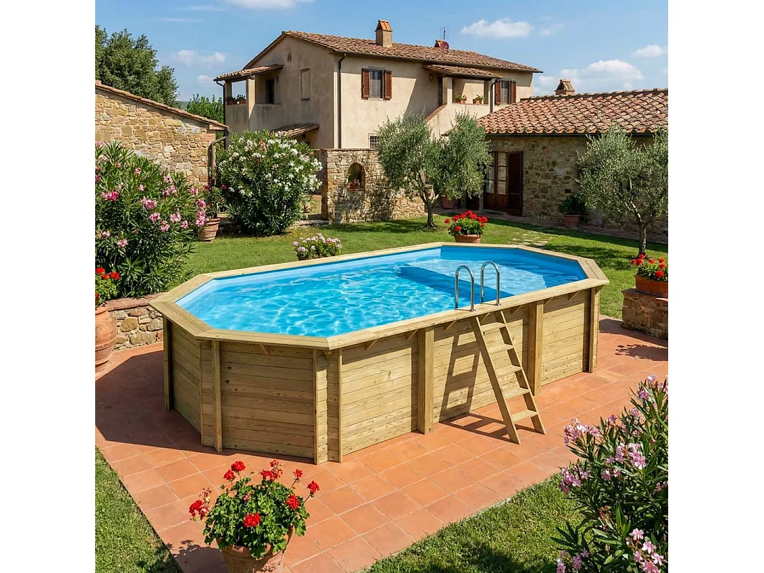 Piscine en bois NEMO 7.3 x 3.97 - H.1.45 m avec plage, bleu pâle, cadre en métal - sans dalle - BAS7305OSPU+PLA305 - ALTANKA