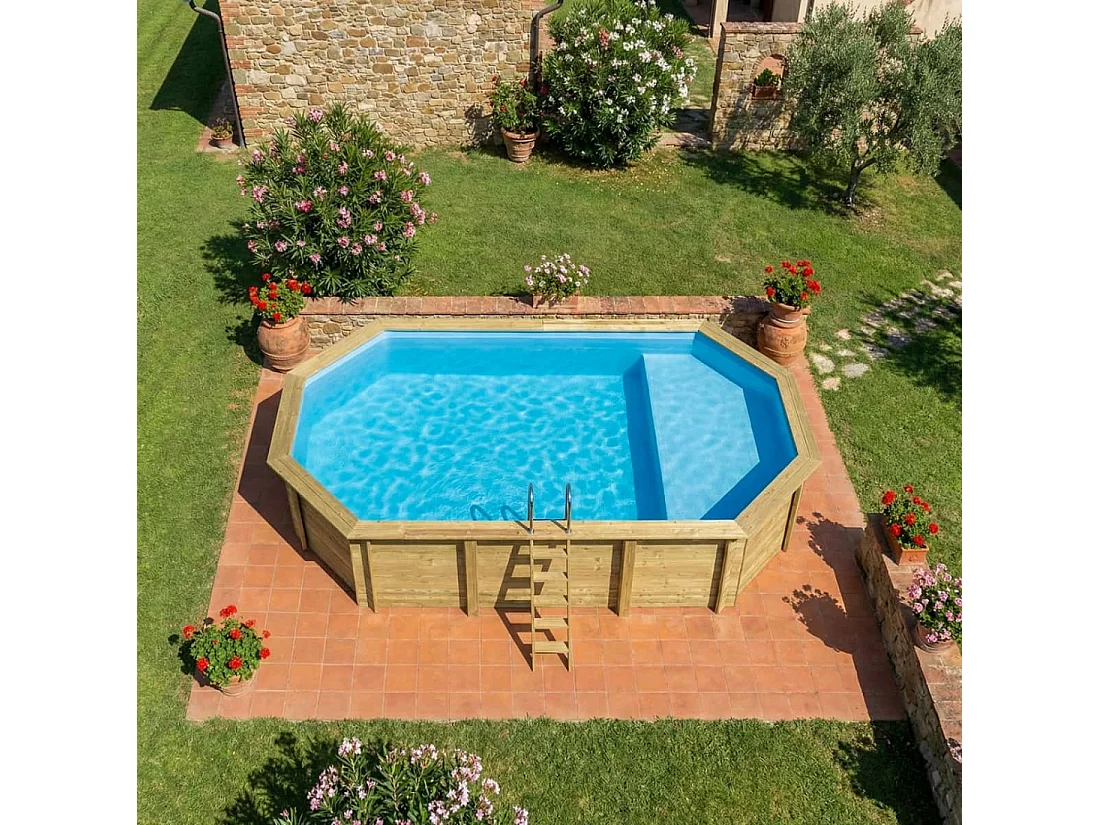 Piscine en bois NEMO 7.3 x 3.97 - H.1.45 m avec plage, bleu pâle, cadre en métal - sans dalle - BAS7305OSPU+PLA305 - ALTANKA