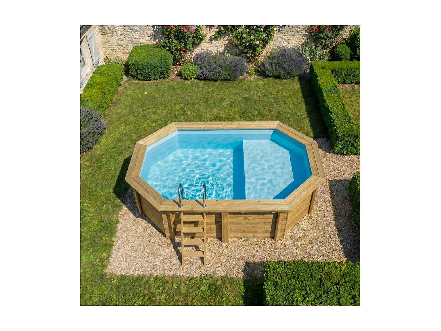 Piscine en bois NEMO 4.3 x 3 - H.1.18 m avec plage, bleu pâle, cadre en métal - sans dalle - BAS7302OSPU+PLA302 - ALTANKA