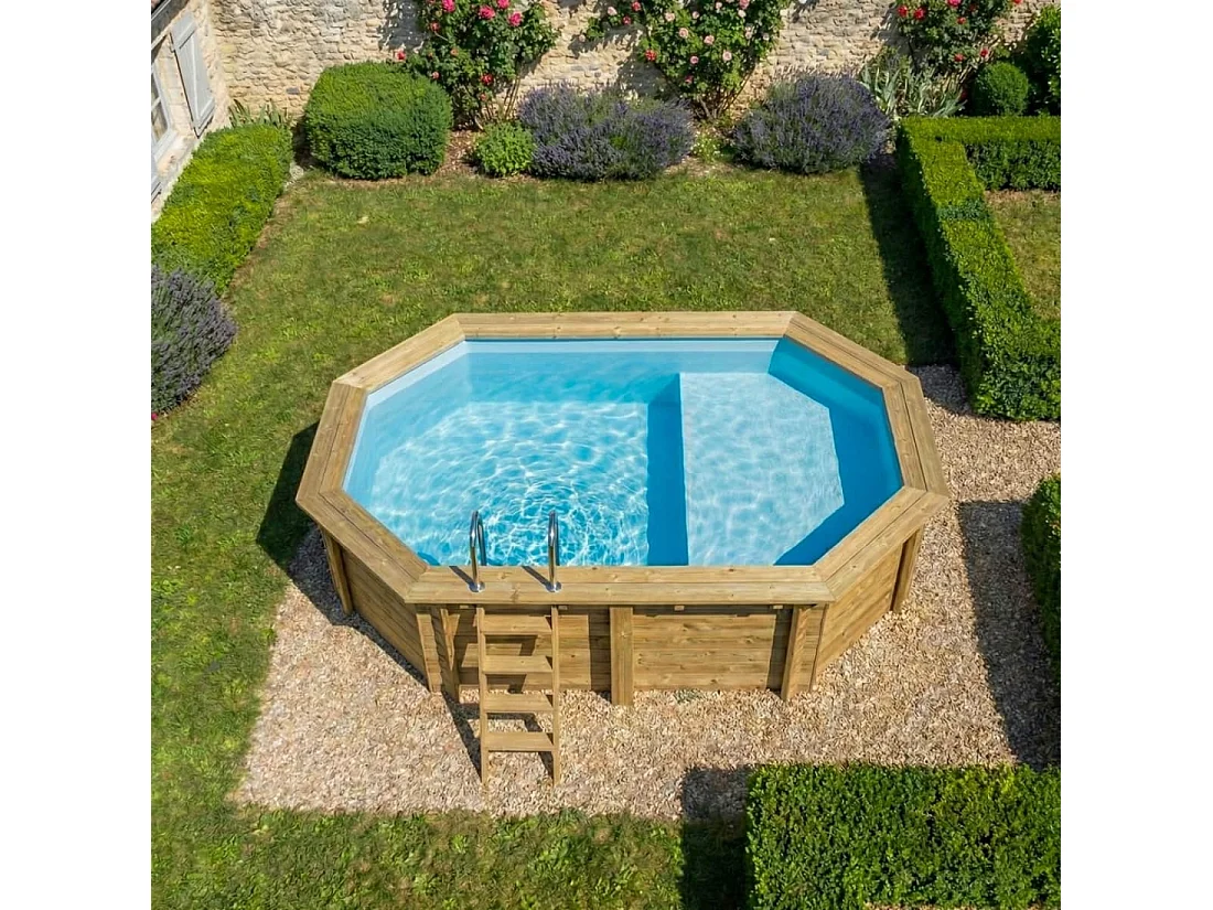 Piscine en bois NEMO 4.3 x 3 - H.1.18 m avec plage, bleu pâle, cadre en métal - sans dalle - BAS7302OSPU+PLA302 - ALTANKA