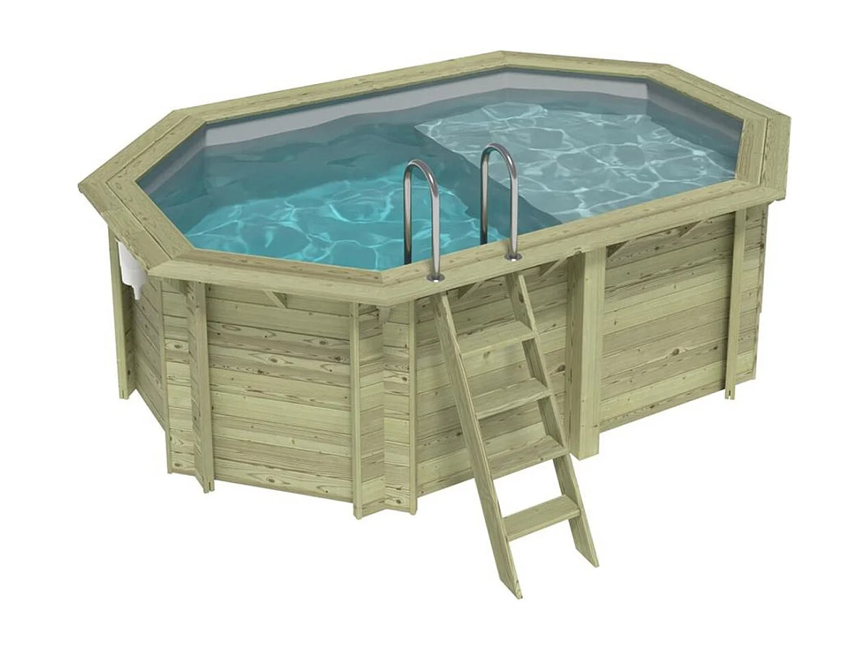 Piscine en bois NEMO 4.3 x 3 - H.1.31 m avec plage, gris clair, fixations à sceller - BAS7303OSPI2+PLA303 - ALTANKA