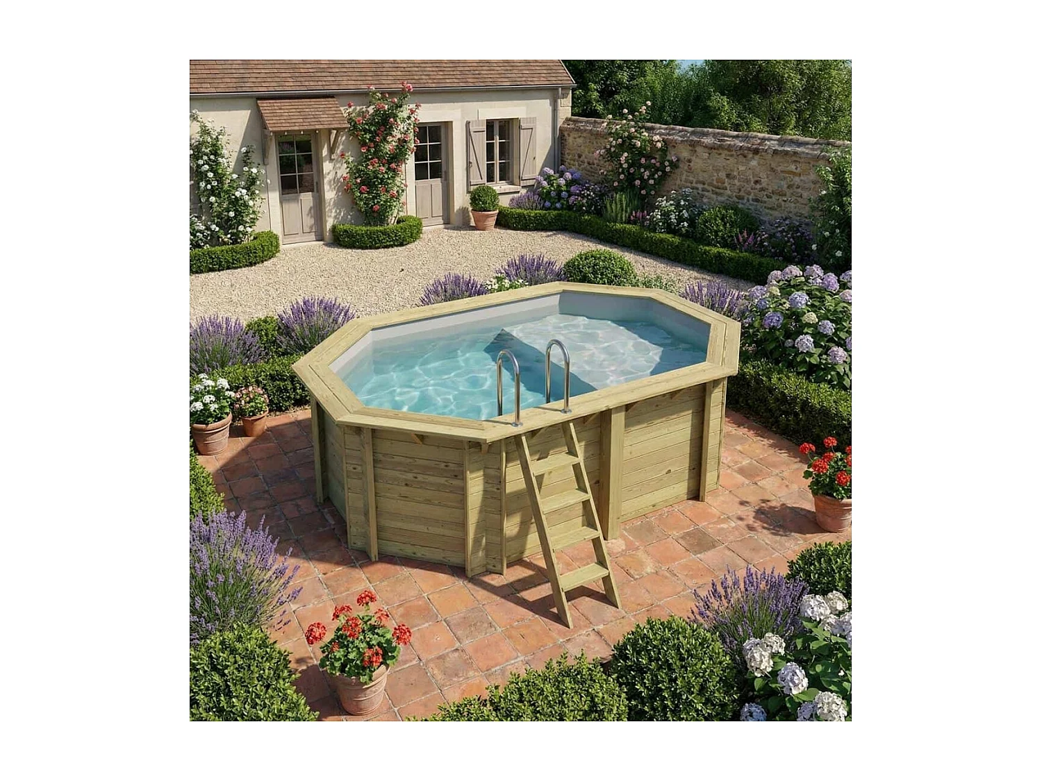 Piscine en bois NEMO 4.3 x 3 - H.1.31 m avec plage, gris clair, fixations à sceller - BAS7303OSPI2+PLA303 - ALTANKA