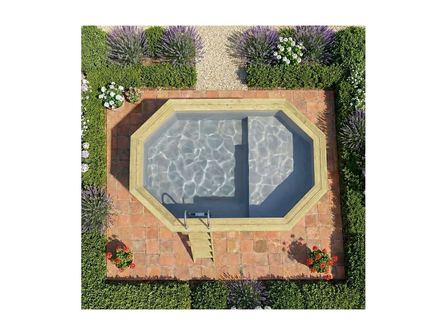 Piscine en bois NEMO 4.3 x 3 - H.1.31 m avec plage, gris clair, fixations à sceller - BAS7303OSPI2+PLA303 - ALTANKA