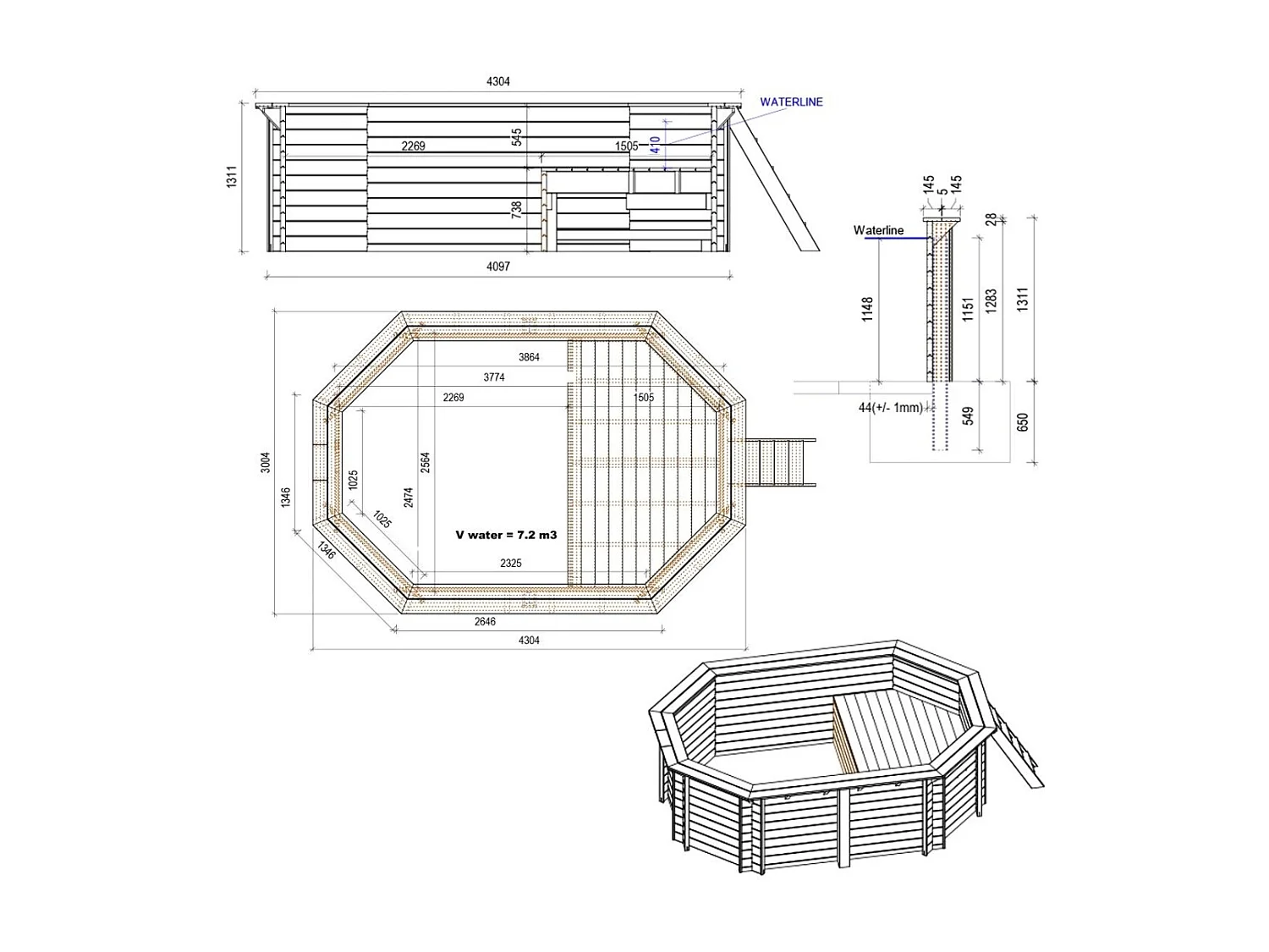 Piscine en bois NEMO 4.3 x 3 - H.1.31 m avec plage, gris clair, fixations à sceller - BAS7303OSPI2+PLA303 - ALTANKA