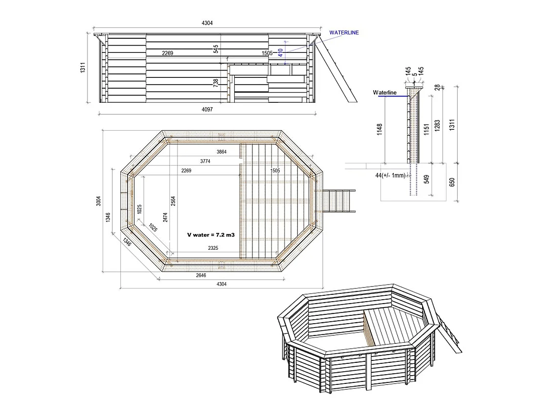 Piscine en bois NEMO 4.3 x 3 - H.1.31 m avec plage, gris clair, fixations à sceller - BAS7303OSPI2+PLA303 - ALTANKA