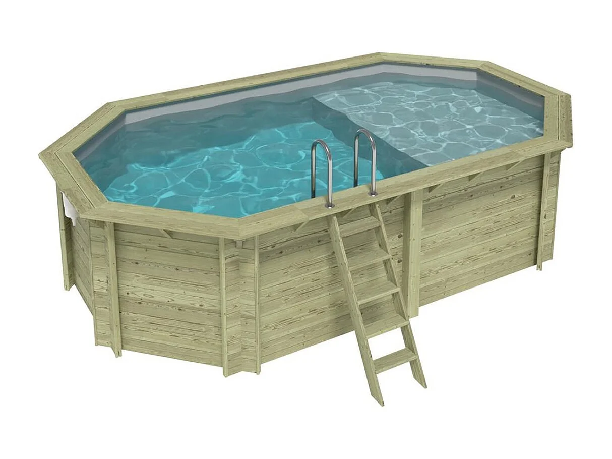 Piscine en bois NEMO 5.79 x 3.49 - H.1.45 m avec plage, gris clair, fixations à visser - BAS7304OSPL2+PLA304 - ALTANKA