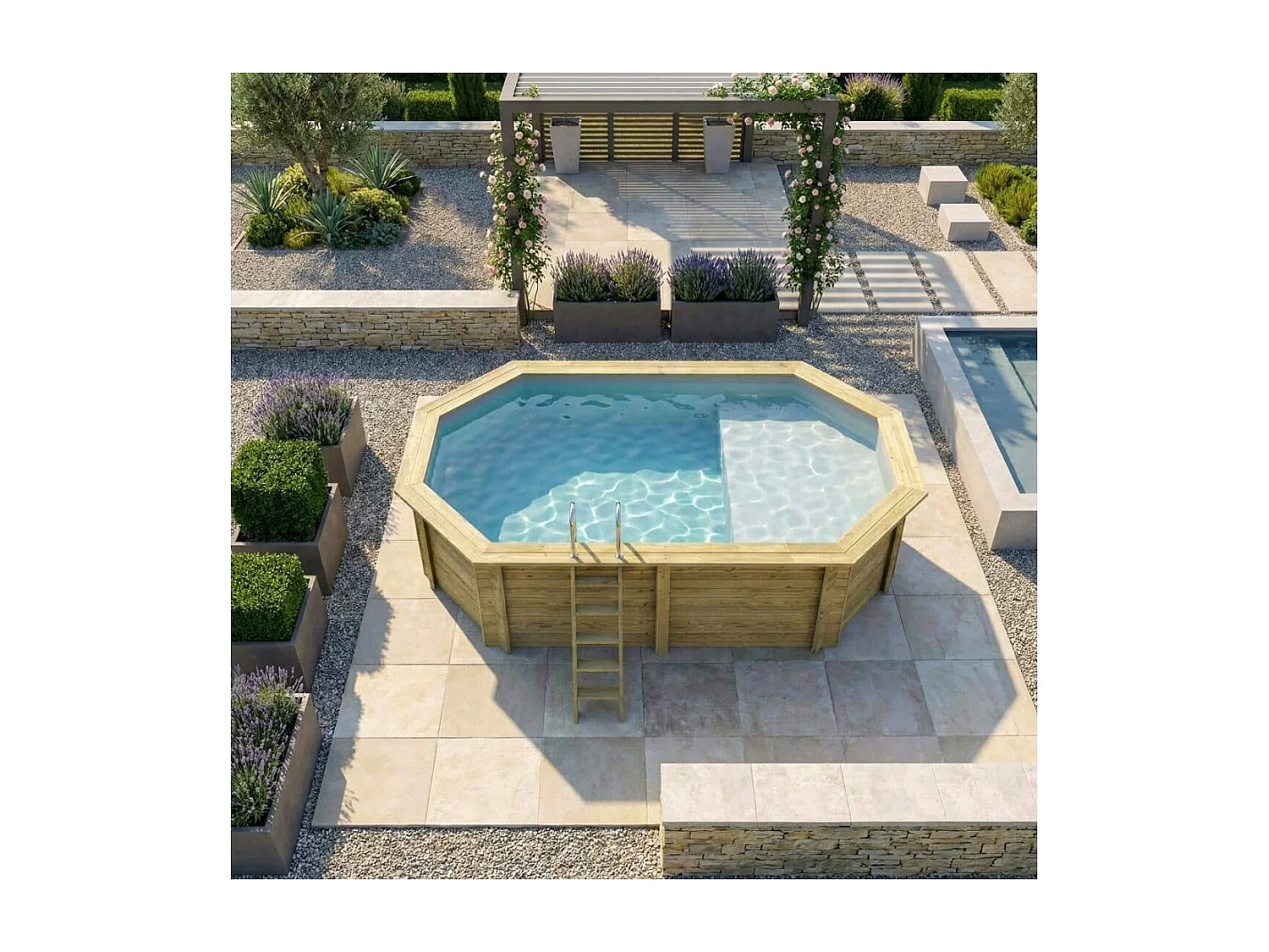 Piscine en bois NEMO 5.79 x 3.49 - H.1.45 m avec plage, gris clair, fixations à visser - BAS7304OSPL2+PLA304 - ALTANKA