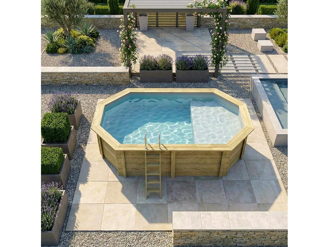 Piscina in legno NEMO 5.79 x 3.49 – H.1.45 m con spiaggia, grigio, con supporti fissati al calcestruzzo - BAS7304OSPL2+PLA304 - ALTANKA