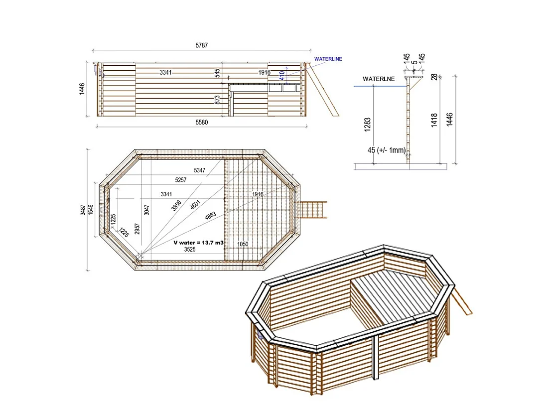 Piscina in legno NEMO 5.79 x 3.49 – H.1.45 m con spiaggia, grigio, con supporti fissati al calcestruzzo - BAS7304OSPL2+PLA304 - ALTANKA