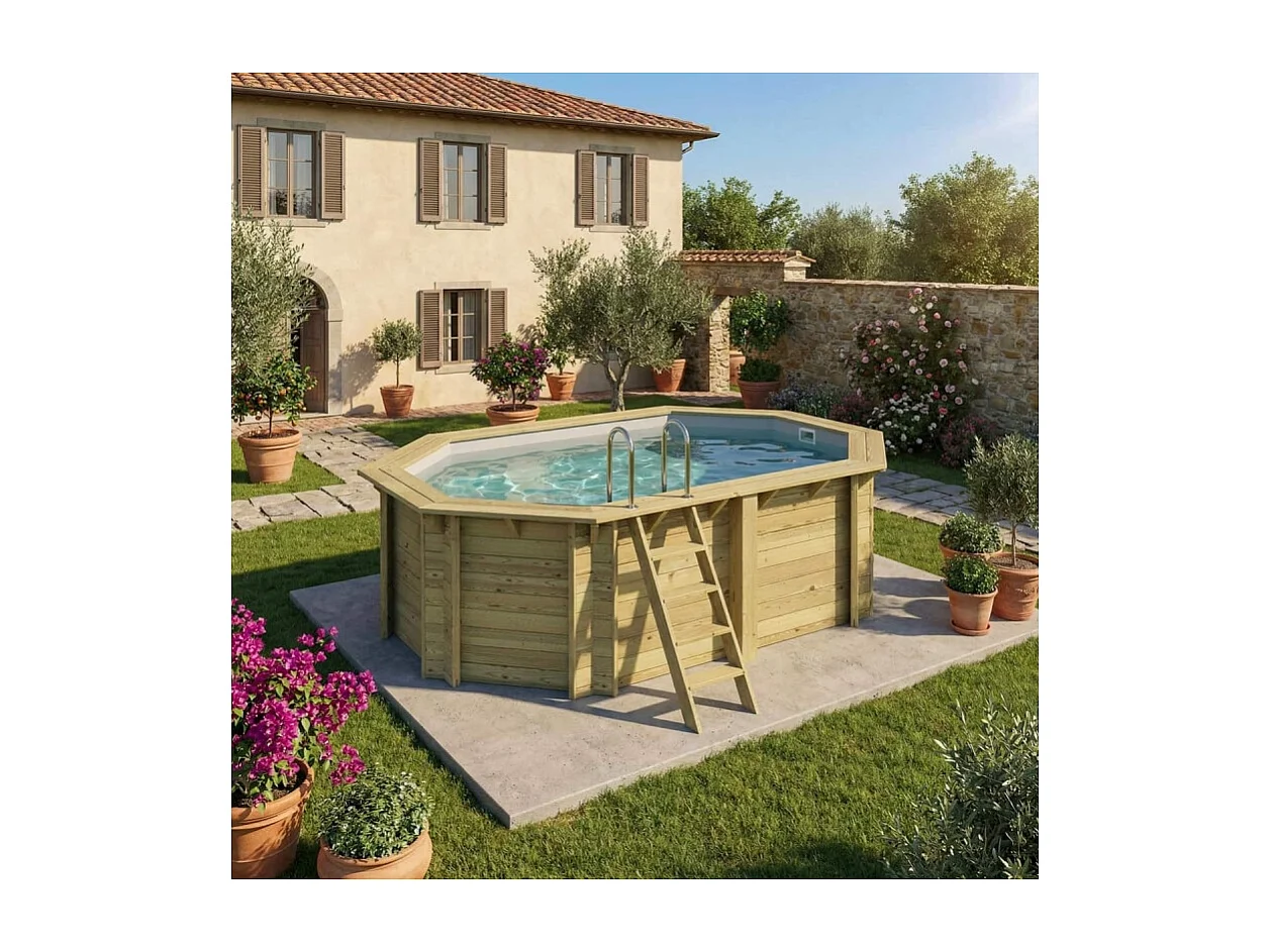 Piscine en bois NEMO 4.3 x 3 - H.1.31 m, gris clair, cadre en métal - sans dalle - BAS7303OSPU2 - ALTANKA