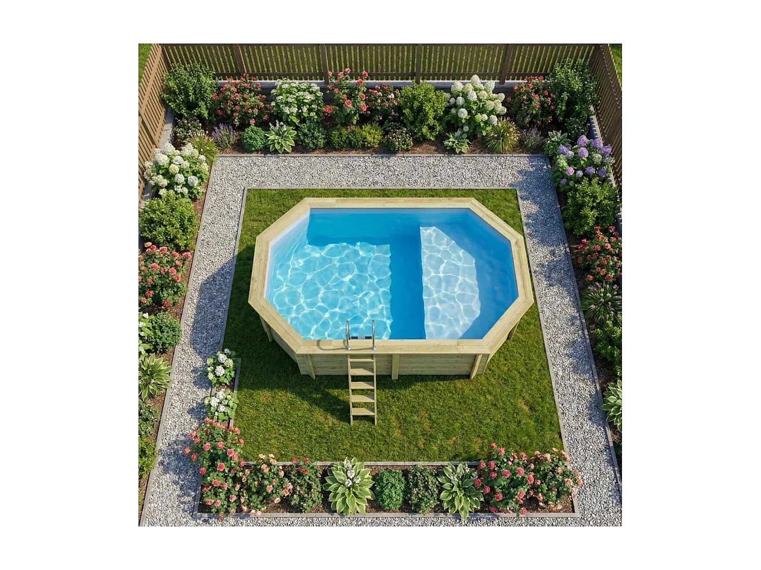 Piscine en bois NEMO 5.79 x 3.49 - H.1.45 m avec plage, bleu pâle, fixations à sceller - BAS7304OSPI+PLA304 - ALTANKA