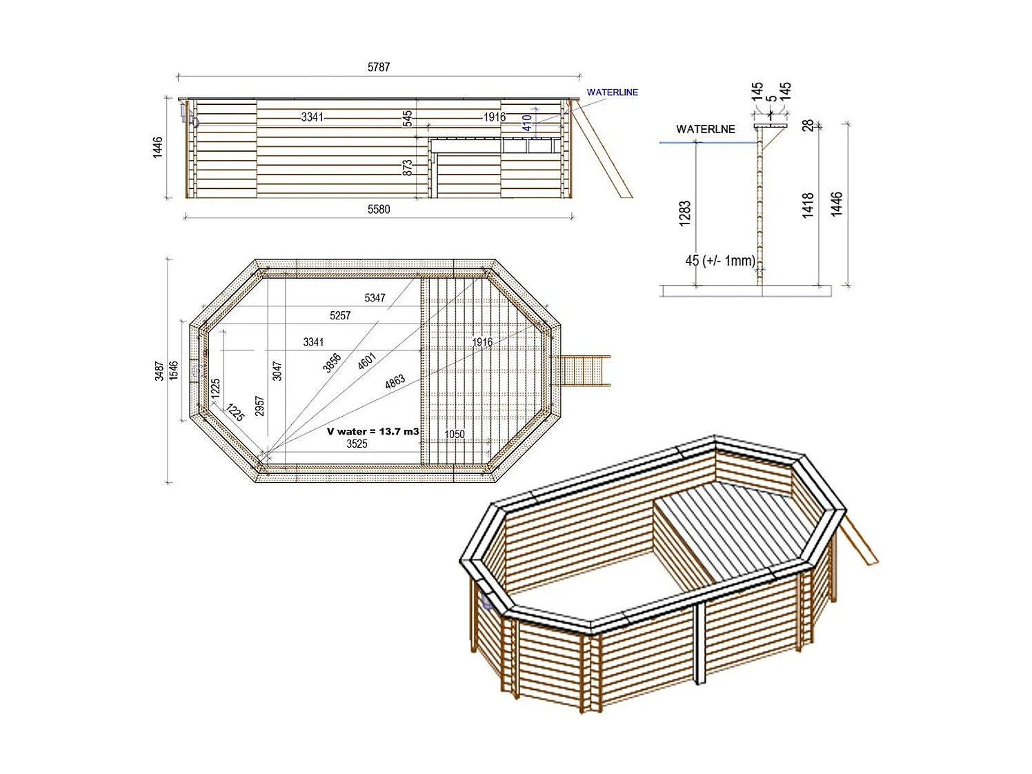 Piscine en bois NEMO 5.79 x 3.49 - H.1.45 m avec plage, bleu pâle, fixations à sceller - BAS7304OSPI+PLA304 - ALTANKA