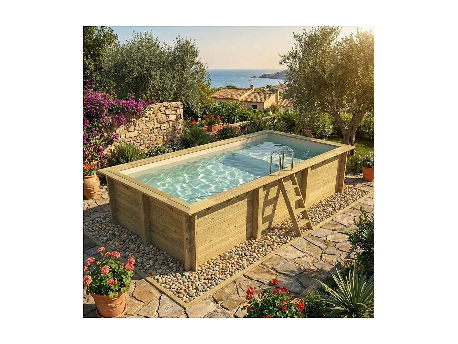 Piscine en bois AQUA 6.1 x 2.85 - H.1.31 m avec plage, sable, cadre en métal - sans dalle - BAS7307OSPU3+PLA307 - ALTANKA