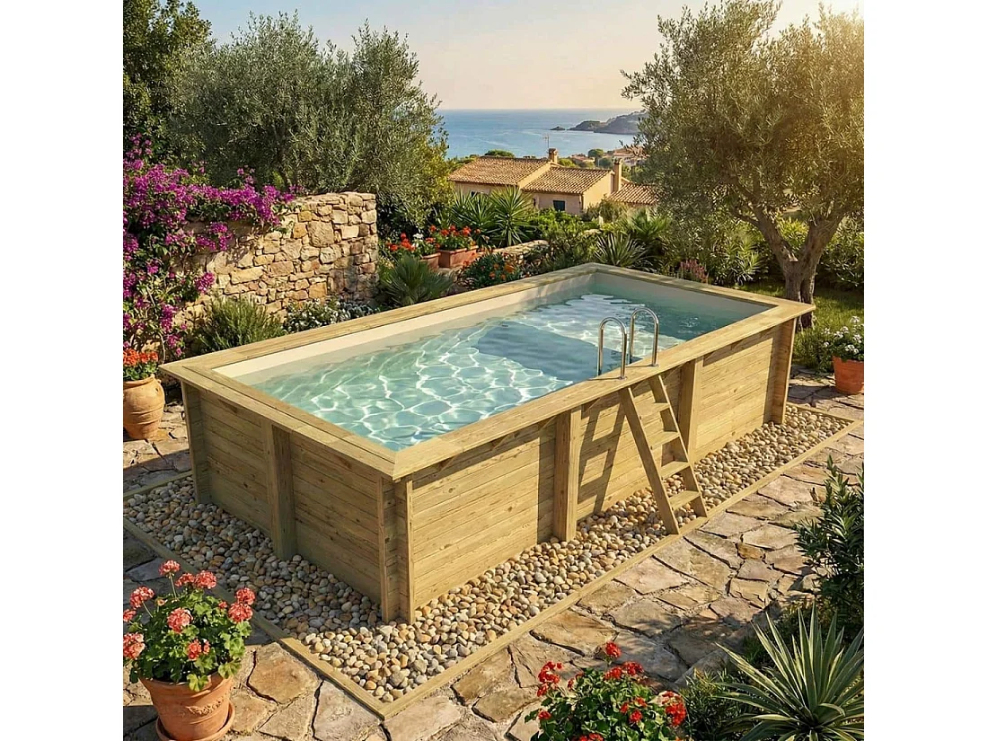 Piscina in legno AQUA 6.1 x 2.85 – H.1.31 m con spiaggia, sabbia, Su telaio - senza cementazione - BAS7307OSPU3+PLA307 - ALTANKA