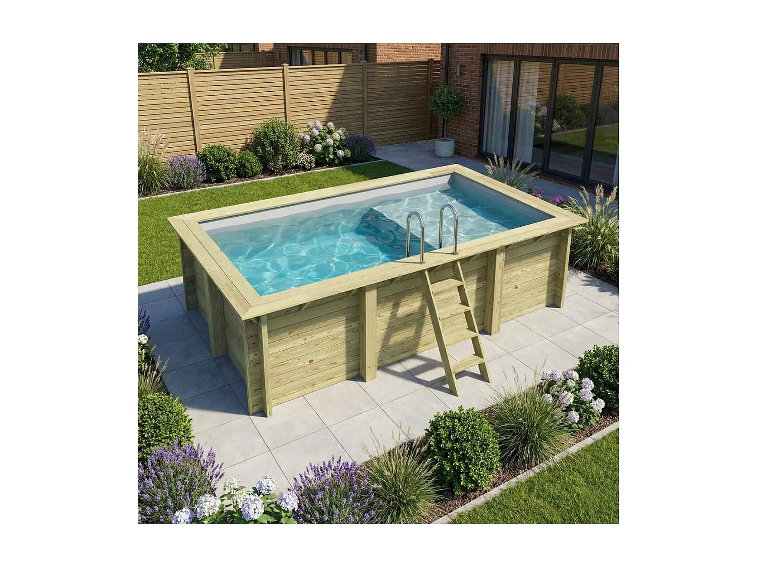 Piscine en bois AQUA 4.65 x 2.85 - H.1.24 m avec plage, gris clair, fixations à visser - BAS7306OSPL2+PLA306 - ALTANKA