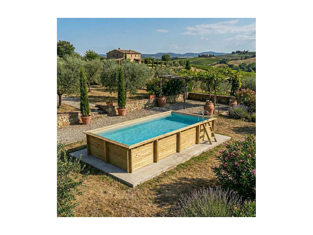 Piscine en bois AQUA 8.5 x 4.35 - H.1.45 m, sable, fixations à sceller - BAS7309OSPI3 - ALTANKA