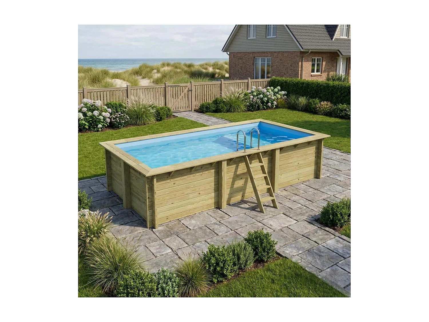 Piscine en bois AQUA 6.1 x 2.85 - H.1.31 m avec plage, bleu pâle, fixations à visser - BAS7307OSPL+PLA307 - ALTANKA