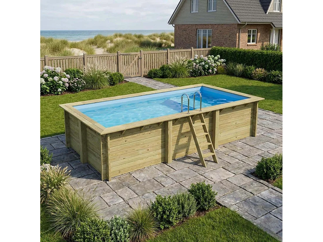 Piscine en bois AQUA 6.1 x 2.85 - H.1.31 m avec plage, bleu pâle, fixations à visser - BAS7307OSPL+PLA307 - ALTANKA
