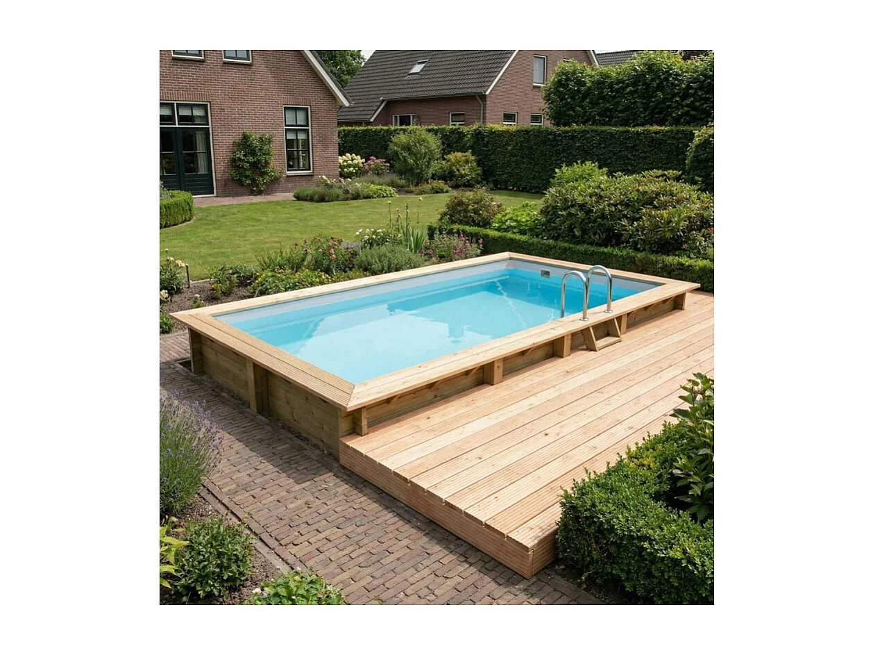 Piscine en bois AQUA 7 x 3.75 - H.1.45 m, gris clair, cadre en métal - sans dalle - BAS7308OSPU2 - ALTANKA