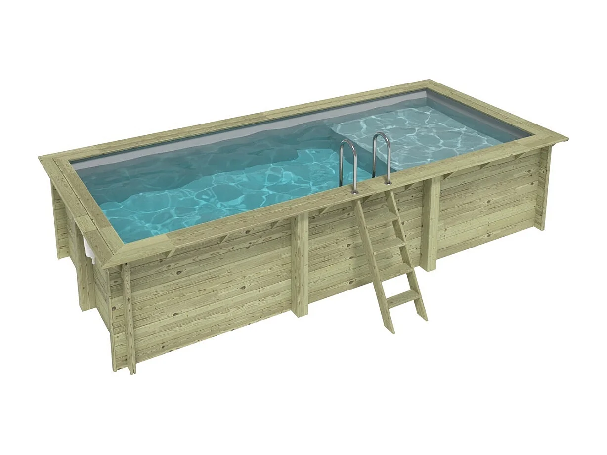 Piscine en bois AQUA 6.1 x 2.85 - H.1.31 m avec plage, gris clair, fixations à sceller - BAS7307OSPI2+PLA307 - ALTANKA