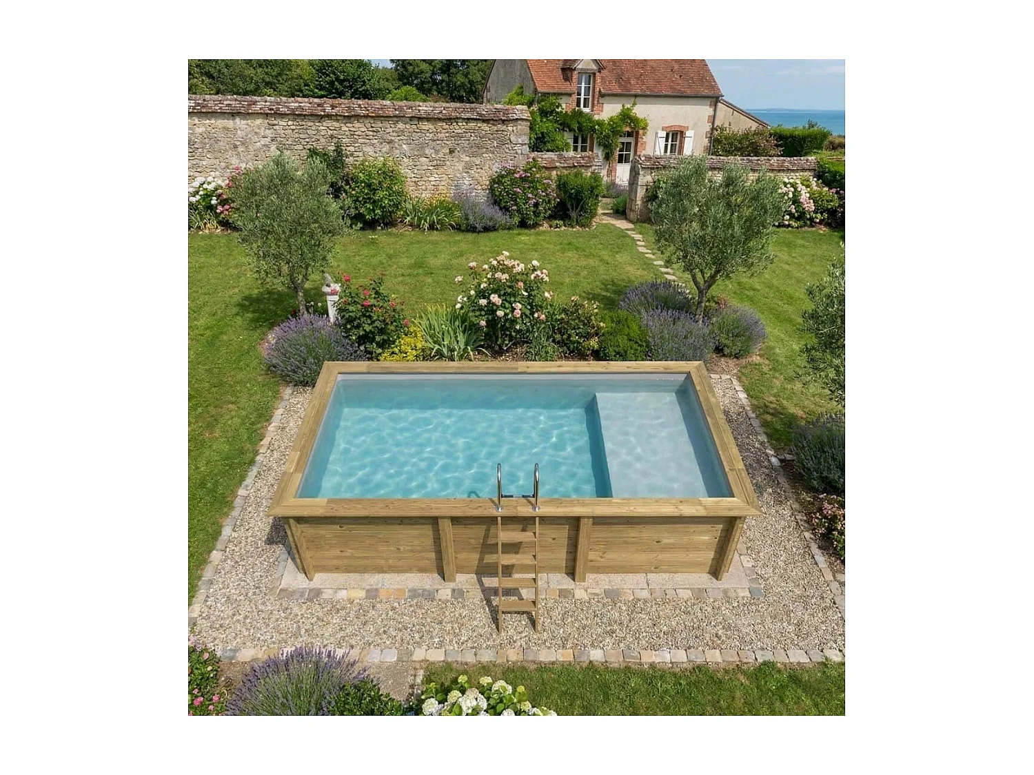 Piscine en bois AQUA 6.1 x 2.85 - H.1.31 m avec plage, gris clair, fixations à sceller - BAS7307OSPI2+PLA307 - ALTANKA