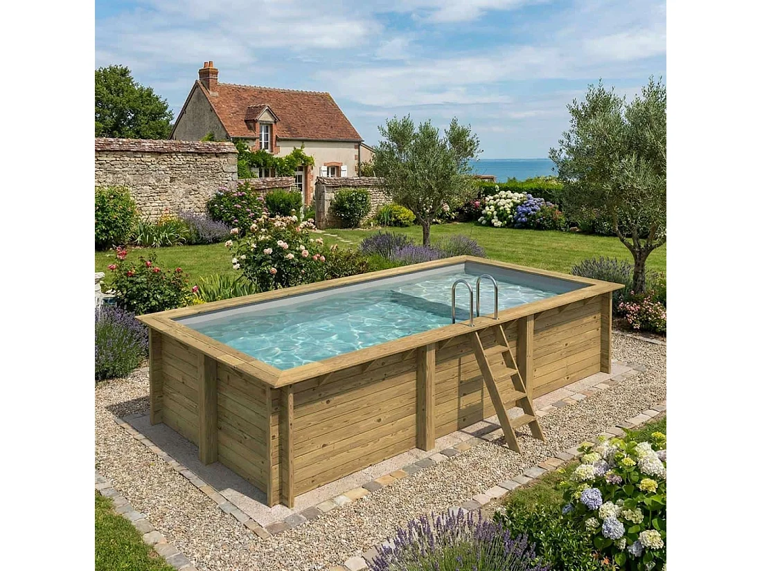 Piscina in legno AQUA 6.1 x 2.85 – H.1.31 m con spiaggia, grigio, con supporti da cementare - BAS7307OSPI2+PLA307 - ALTANKA