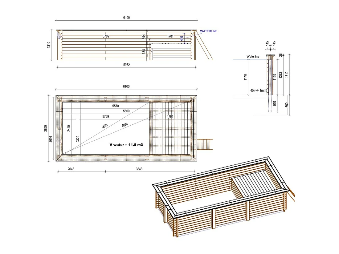 Piscina in legno AQUA 6.1 x 2.85 – H.1.31 m con spiaggia, grigio, con supporti da cementare - BAS7307OSPI2+PLA307 - ALTANKA