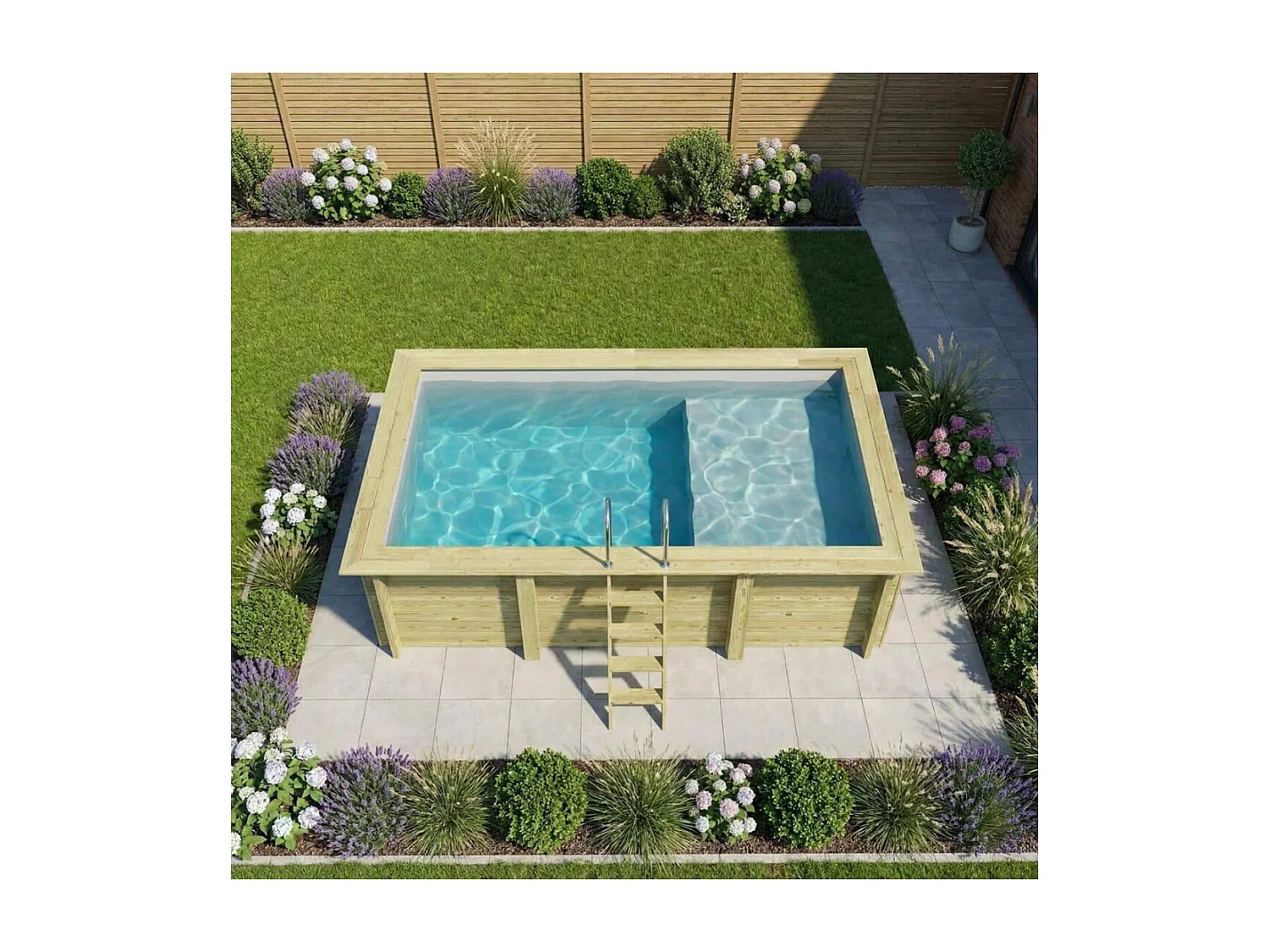 Piscine en bois AQUA 4.65 x 2.85 - H.1.24 m avec plage, gris clair, fixations à sceller - BAS7306OSPI2+PLA306 - ALTANKA