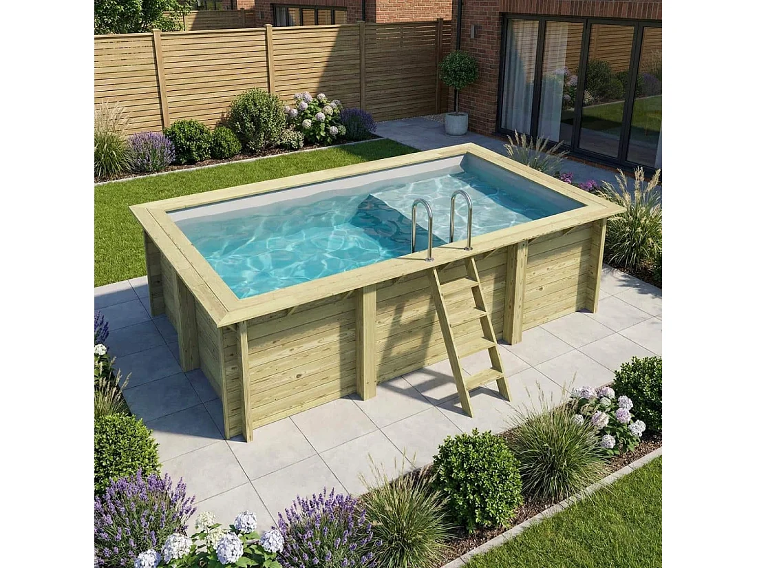 Piscine en bois AQUA 4.65 x 2.85 - H.1.24 m avec plage, gris clair, fixations à sceller - BAS7306OSPI2+PLA306 - ALTANKA