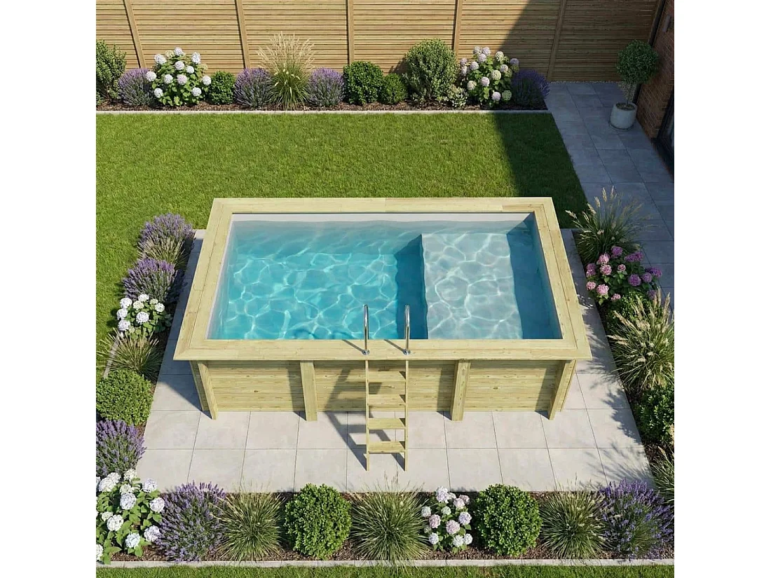 Piscine en bois AQUA 4.65 x 2.85 - H.1.24 m avec plage, gris clair, fixations à sceller - BAS7306OSPI2+PLA306 - ALTANKA