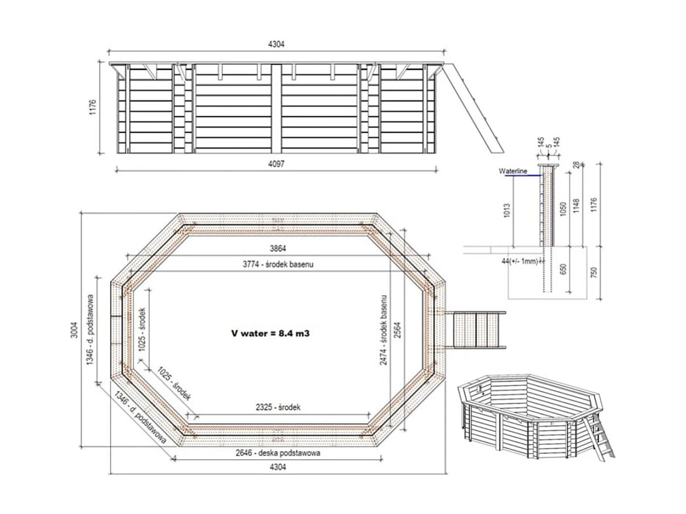 Piscina in legno NEMO 4.3 x 3 - H.1.18 m, grigio, Su telaio - senza cementazione - BAS7302OSPU2 - ALTANKA