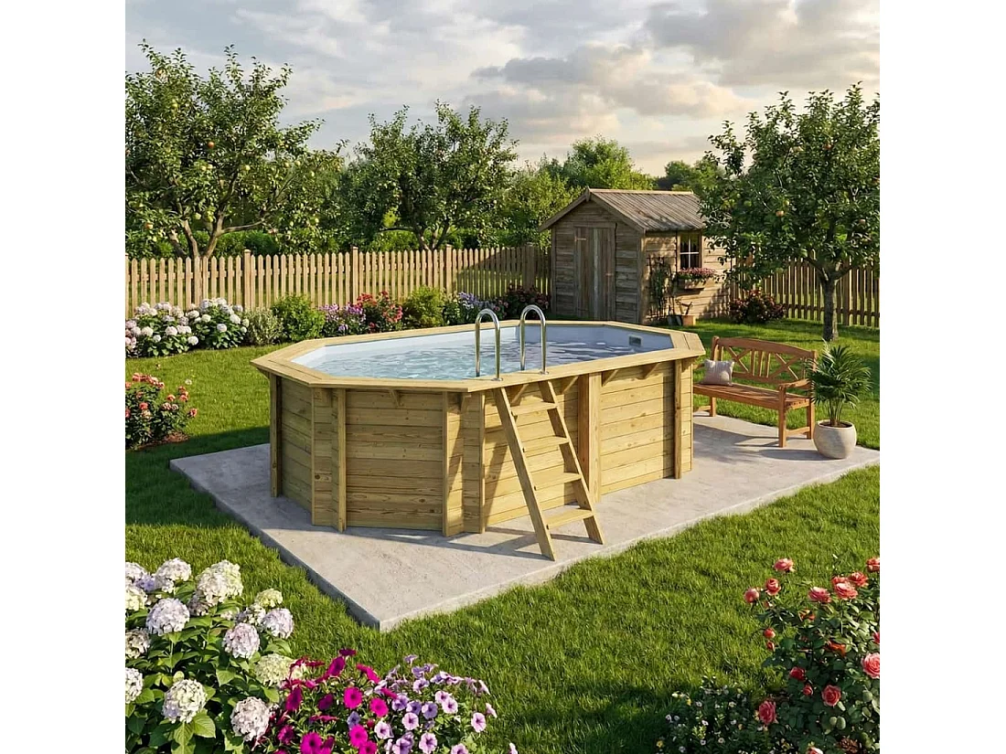 Piscine en bois NEMO 4.3 x 3 - H.1.18 m, gris clair, cadre en métal - sans dalle - BAS7302OSPU2 - ALTANKA