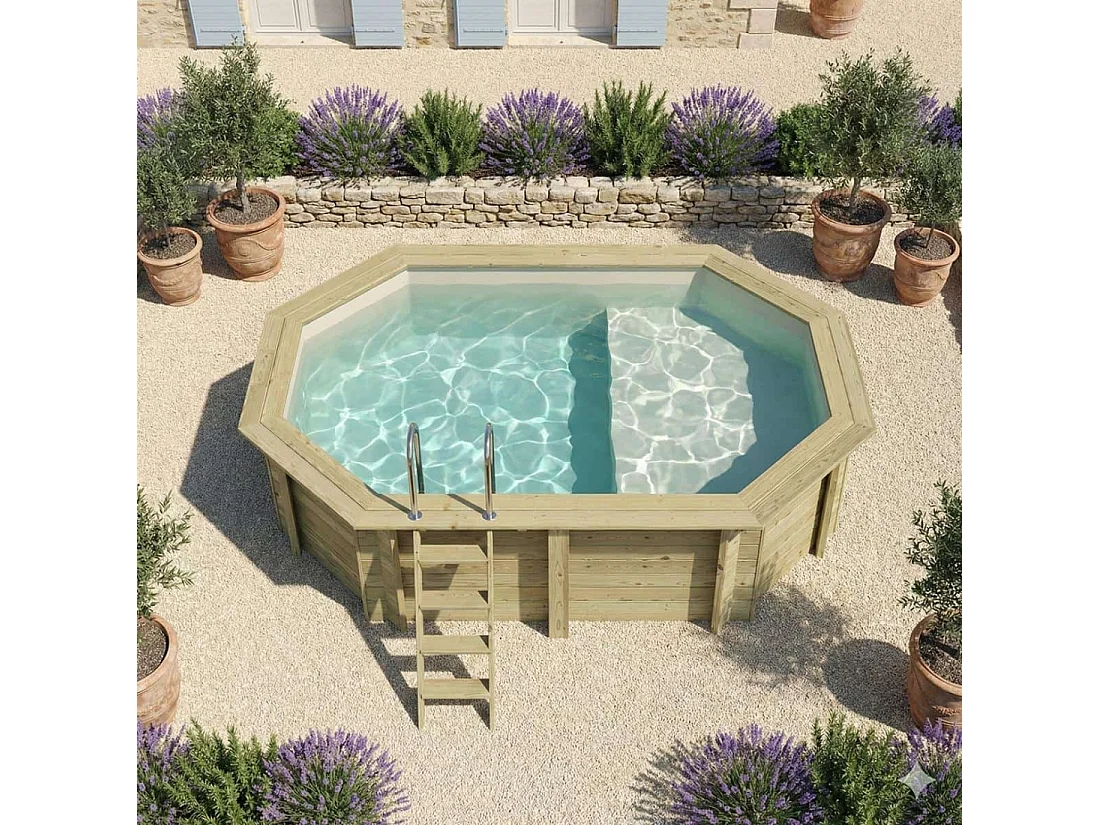 Piscina in legno NEMO 4.3 x 3 – H.1.18 m con spiaggia, sabbia, con supporti fissati al calcestruzzo - BAS7302OSPL3+PLA302 - ALTANKA