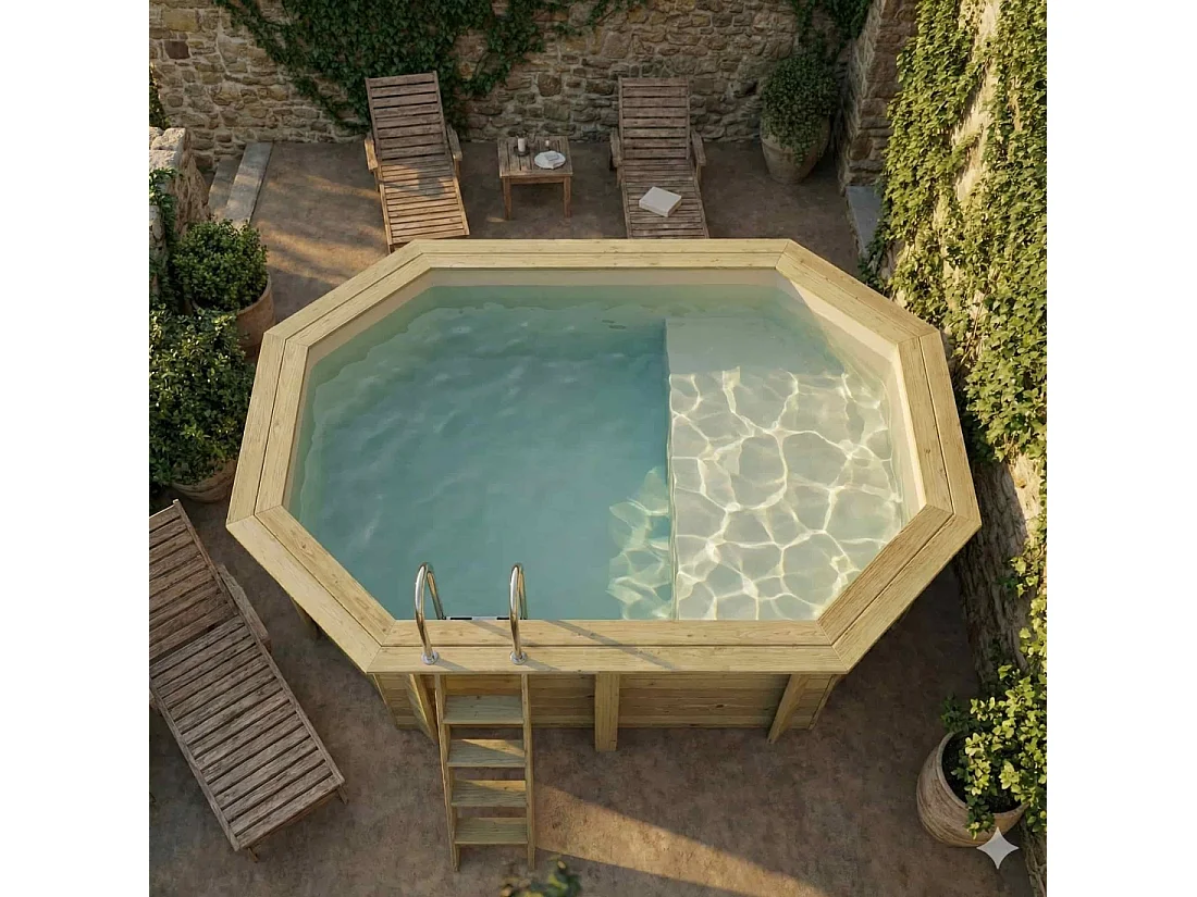 Piscina in legno NEMO 4.3 x 3 – H.1.31 m con spiaggia, sabbia, con supporti fissati al calcestruzzo - BAS7303OSPL3+PLA303 - ALTANKA