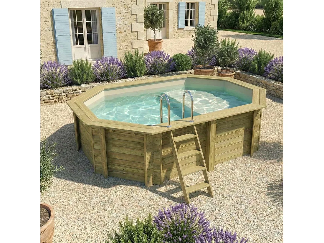 Piscina in legno NEMO 4.3 x 3 – H.1.18 m con spiaggia, sabbia, Su telaio - senza cementazione - BAS7302OSPU3+PLA302 - ALTANKA
